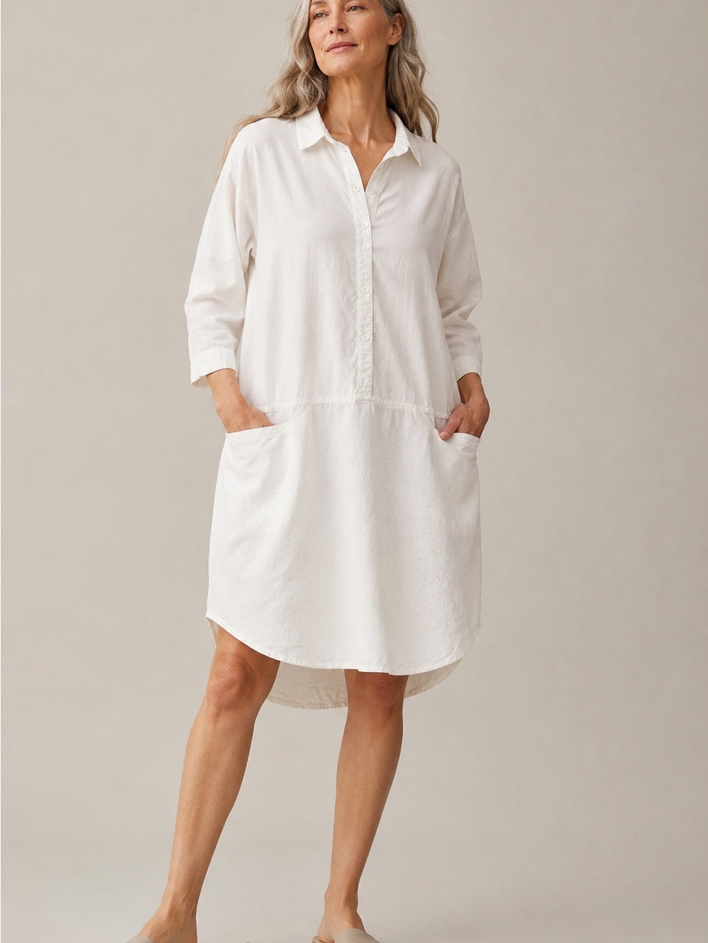 Eileen Fisher Organic Linen Viscose White Stretch Collared Dress Chore Pockets M